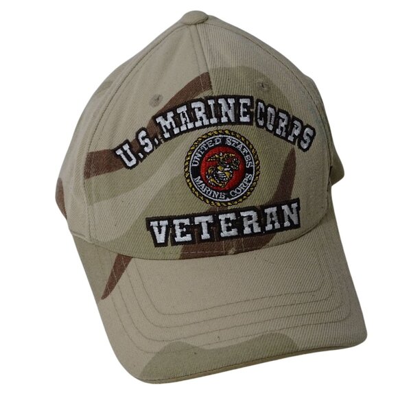 US Marine Corps Veteran Cap Tan Camo Adjustable Strap Back Men One Size FLAW - Picture 1 of 13